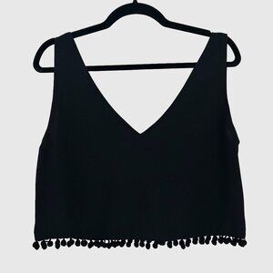 Leith Women's Cropped V-Neck Tank w/ Tasseled Trim - Black - US M